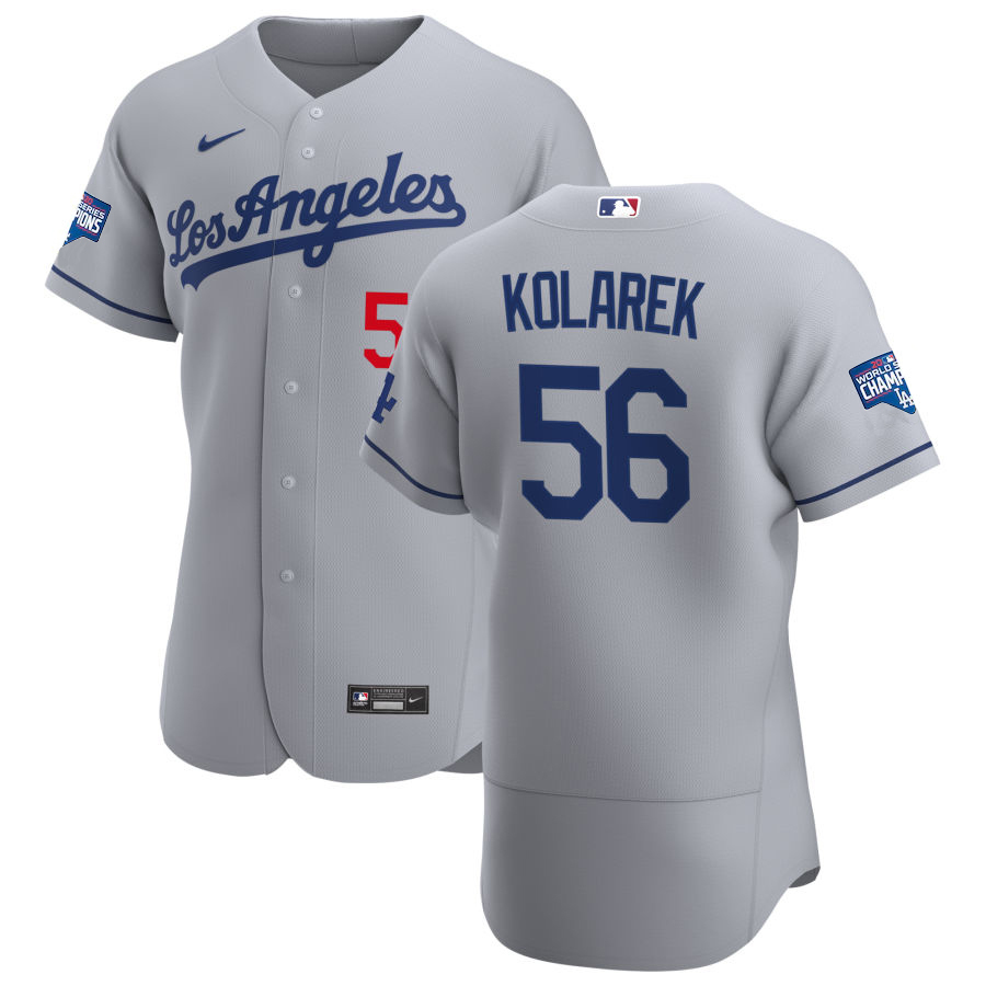 Los Angeles Dodgers #56 Adam Kolarek Men Nike Gray Road 2020 World Series Champions Authentic Team MLB Jersey->los angeles dodgers->MLB Jersey